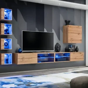 Wohnzimmerwand Holzdekor Volleberg 84, Farbe: Eiche Wotan - Abmessungen: 150 x 280 x 40 cm (H x B x T), mit Push-to-open Funktion Begrenztes Angebot