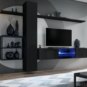 Hängende Wohnwand Valand 18, Farbe: Schwarz - Abmessungen: 180 x 270 x 40 cm (H x B x T), mit blauer LED-Beleuchtung Kostenloser Rückversand