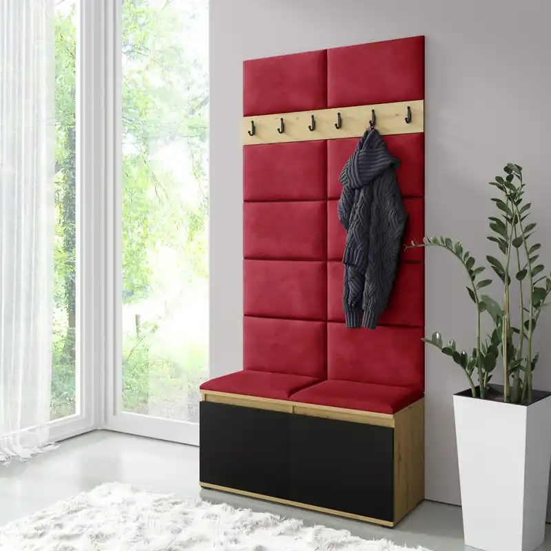 Direktkauf 1 Meter breite Garderobe 01 mit Sitzbank gepolstert, für 8 Paar Schuhe, Artisan/Schwarz/Ruby Red, 215 x 100 x 40 cm, 6 Kleiderhaken, 4 große Fächer
