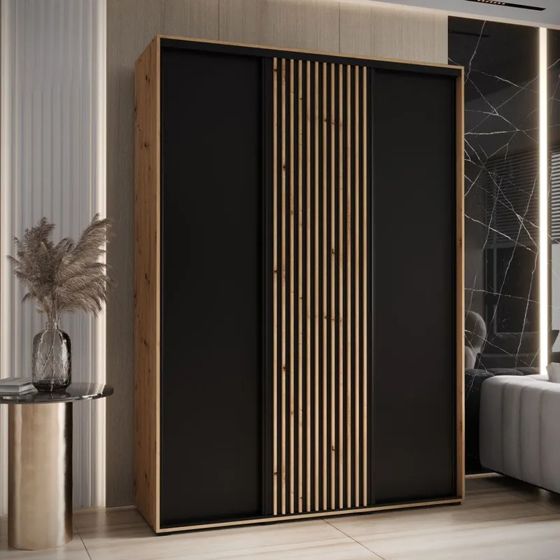 Kleiderschrank Tharo mit Schiebetüren in Eiche/Schwarz, 235,2 x 170 x 45 cm, moderne Optik, viel Stauraum, auch für Wohnzimmer geeignet, Anti Staubbürsten Sonderaktion