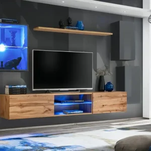 Finale Aktion Moderne Wohnwand hängend Volleberg 48, Farbe: Grau / Eiche Wotan - Abmessungen: 140 x 250 x 40 cm (H x B x T), mit blauer LED-Beleuchtung