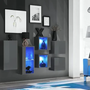 Elegantes Set von Hängeschränke / Hängevitrinen Volleberg 99, Farbe: Grau - Abmessungen: 80 x 150 x 25 cm (H x B x T), 6 teilig Wochenendangebot