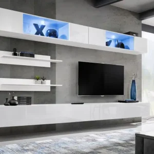 Kracherpreis Wohnzimmer Wohnwand Hompland 93, Farbe: Weiß - Abmessungen: 180 x 320 x 40 cm (H x B x T), mit blauer LED-Beleuchtung