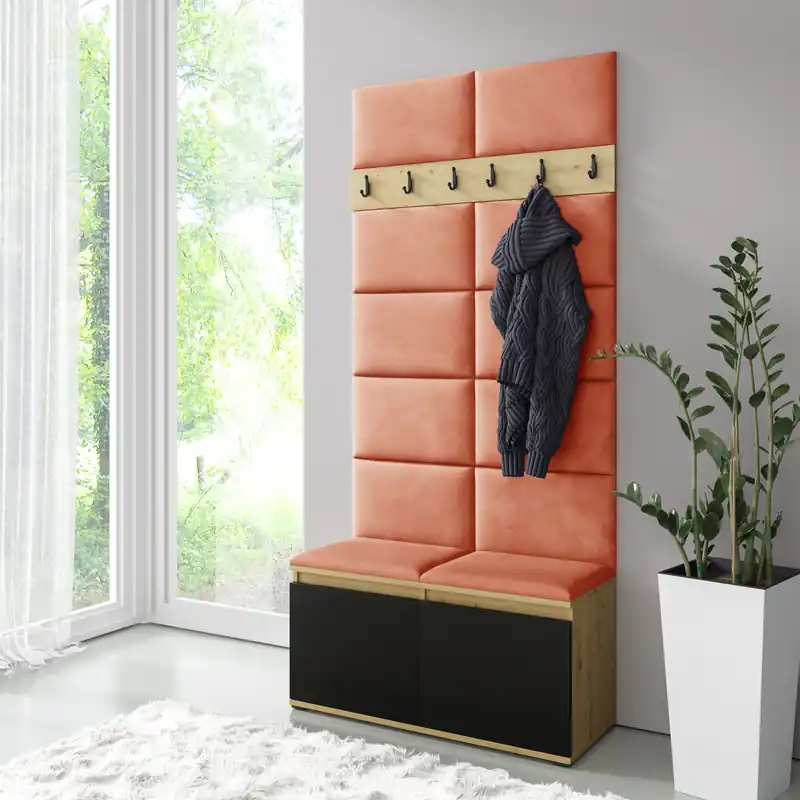 Garderobe 01 mit gepolsterter Sitzbank, für 8 Paar Schuhe, Artisan/Schwarz/Orange, 215 x 100 x 40 cm,6 Kleiderhake, Schuhschrank mit 4 Fächer Gratis Versand