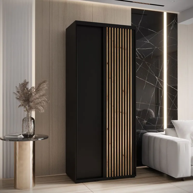 Geprüft Schwarzer Schiebetürenschrank Mina, Selbstklebende Kunststofflamellen, Schwarzer Stahlgriff, viel Stauraum, platzsparend, 235,2 x 120 x 60 cm, robust