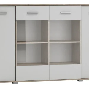 Vitrine Kavieng 11, Farbe: Eiche / Weiß - Abmessungen: 110 x 178 x 40 cm (H x B x T) Aktuell