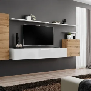 Wohnwand Balestrand 11, Farbe: Eiche Wotan / Weiß - Abmessungen: 160 x 330 x 40 cm (H x B x T), mit Push-to-open Funktion Rabatt