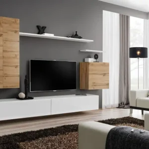 Preiswert Wohnwand mit modernen Design Balestrand 27, Farbe: Eiche Wotan / Weiß - Abmessungen: 160 x 270 x 40 cm (H x B x T), mit 12 Fächern