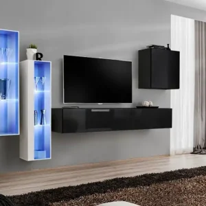 Wohnwand mit drei Hängevitrinen Balestrand 197, Farbe: Weiß / Schwarz - Abmessungen: 160 x 330 x 40 cm (H x B x T), mit genügend Stauraum Preiswert