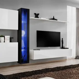 Bestpreis Wohnwand im außergewöhnlichen Design Balestrand 246, Farbe: Schwarz / Weiß - Abmessungen: 180 x 330 x 40 cm (H x B x T), mit LED-Beleuchtung