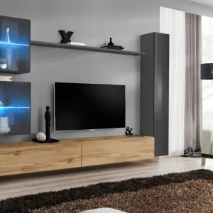 Direktkauf Wohnwand mit zwei TV-Unterschränke Balestrand 288, Farbe: Grau / Eiche Wotan - Abmessungen: 180 x 280 x 40 cm (H x B x T), mit Push-to-open Funktion