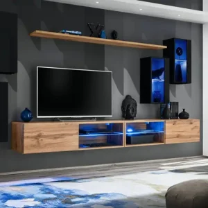 Top-Seller Stylische Wohnwand mit Push-to-open Funktion Volleberg 78, Farbe: Schwarz / Eiche Wotan - Abmessungen: 150 x 280 x 40 cm (H x B x T), mit sechs Türen