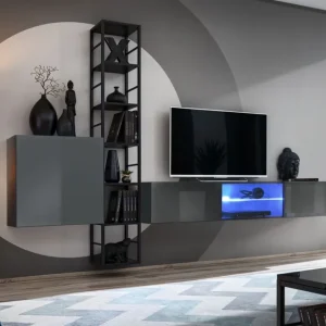 Außergewöhnliche Wohnzimmerwand Valand 23, Farbe: Grau - Abmessungen: 175 x 270 x 40 cm (H x B x T), mit Push-to-open Funktion Billig