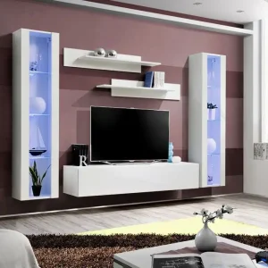 Hängende Wohnwand Hompland 06, Farbe: Weiß - Abmessungen: 170 x 260 x 40 cm (H x B x T), mit Push-to-open Funktion Kostenfreie Lieferung