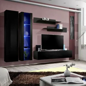 Top-Angebot Hängende Wohnwand Hompland 16, Farbe: Schwarz - Abmessungen: 170 x 260 x 40 cm (H x B x T), mit einer Hängevitrine