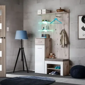 Schlichte Garderobe mit LED-Beleuchtung Sviland 01, Farbe: Eiche Wellington / Weiß - Abmessungen: 200 x 100 x 35 cm (H x B x T) Top-Preis