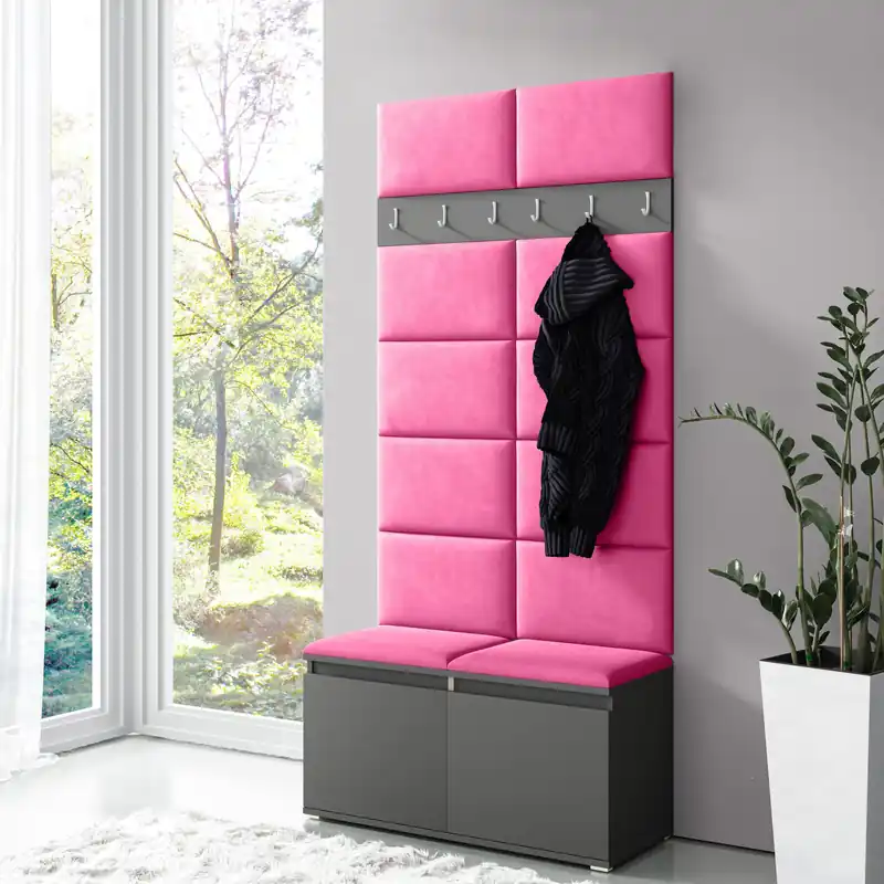 Garderobe 01 mit Pinken Polsterpaneele für Sitzbank und Wand, Graphit/Pink, 215 x 100 x 40 cm, 6 Kleiderhaken, 4 Fächer, Schuhschrank für 8 Paar Schuhe Echt