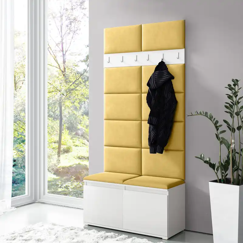 Garderobe 01 mit Gelben Polsterpaneele für Sitzbank und Wand, Weiß/Naples Yellow, 215 x 100 x 40 cm, für 8 Paar Schuhe, 6 Kleiderhaken, 4 Fächer Aktuell