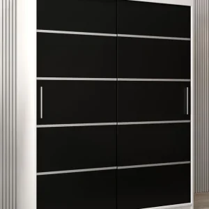 Schiebetürenschrank / Kleiderschrank Jan 03A, Farbe:Schwarz / Weiß matt - Abmessungen: 200 x 150 x 62 cm ( H x B x T) Schneller Versand