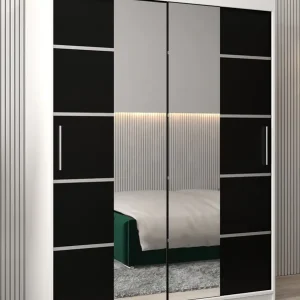 Direktkauf Schiebetürenschrank / Kleiderschrank Jan 03D mit Spiegel, Farbe: Weiß Matt / Schwarz - Abmessungen: 200 x 150 x 62 cm (H x B x T)