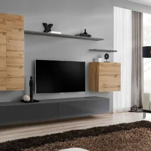 Wohnwand mit Push-to-open Balestrand 31, Farbe: Eiche Wotan / Grau - Abmessungen: 160 x 270 x 40 cm (H x B x T), mit fünf Türen Billig