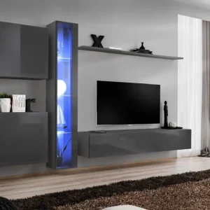 Online Kaufen Schlichte Wohnwand Balestrand 243, Farbe: Grau - Abmessungen: 180 x 330 x 40 cm (H x B x T), mit Push-to-open Funktion