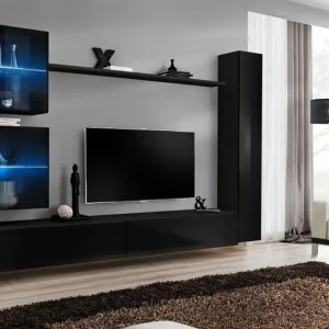 Wohnwand im schlichten Design Balestrand 274, Farbe: Schwarz - Abmessungen: 180 x 280 x 40 cm (H x B x T), mit Push-to-open Funktion Jetzt Kaufen