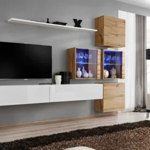 Wohnwand mit genügend Stauraum Balestrand 300, Farbe: Weiß / Eiche Wotan - Abmessungen: 200 x 310 x 40 cm (H x B x T), mit LED-Beleuchtung Highlight