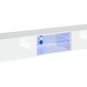 TV-Unterschrank mit blauer LED-Beleuchtung Möllen 17, Farbe: Weiß - Abmessungen: 30 x 180 x 40 cm (H x B x T), mit Push-to-open Funktion Neue Kollektion