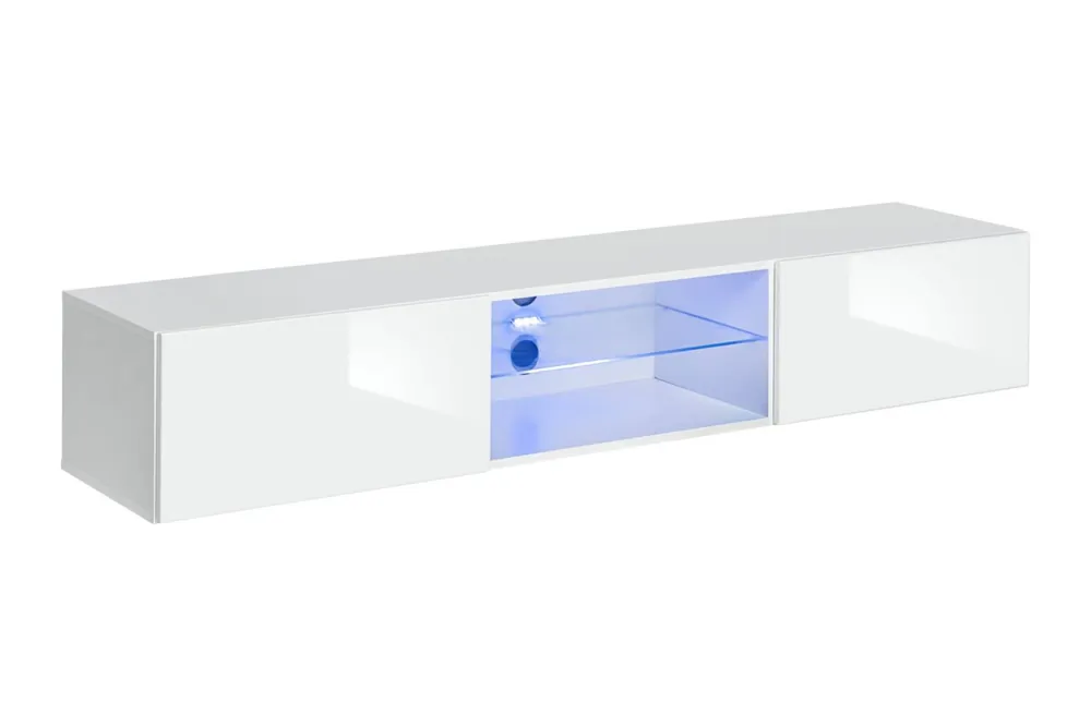 TV-Unterschrank mit blauer LED-Beleuchtung Möllen 17, Farbe: Weiß - Abmessungen: 30 x 180 x 40 cm (H x B x T), mit Push-to-open Funktion Neue Kollektion
