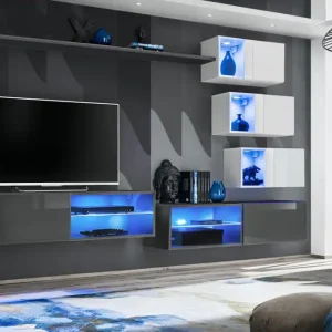 Versand Am Gleichen Tag Wohnwand modern Volleberg 56, Farbe: Grau / Weiß - Abmessungen: 150 x 250 x 40 cm (H x B x T), mit Push-to-open Funktion