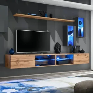 Hängende Wohnzimmerwand Volleberg 80, Farbe: Grau / Eiche Wotan - Abmessungen: 150 x 280 x 40 cm (H x B x T), mit Push-to-open Funktion Kracherpreis