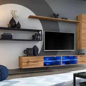 Nur Für Kurze Zeit Wohnwand mit blauer LED-Beleuchtung Valand 16, Farbe: Eiche Wotan - Abmessungen: 170 x 300 x 40 cm (H x B x T), mit genügend Stauraum