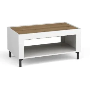 Schlichter Couchtisch Barbe 25, mit einem Ablagefach, ABS-Kantenschutz, Farbe: Weiß matt / Eiche, Maße: 46,5 x 97 x 56 cm, modernes und einfaches Design Versand Am Gleichen Tag