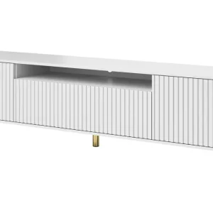Helles TV-Board / TV-Möbel Cienequillas 07, Farbe: Weiß, Front: geriffelt, Beine: Gold, Push-to-open Funktion, Maße: 54 x 200 x 40 cm, für Wohnzimmer Zertifiziert