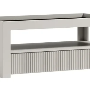 Super-Preis Couchtisch in Kaschmir, 53 x 121 x 61 cm, Rillenmuster an den Seitenflächen, braune Tischfläche aus Glas, 1 praktisches Ablagefach, modernes Design