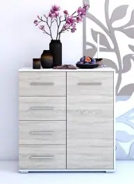 Kommode | 96 x 90 x 45 cm | Eiche / Weiß | Comarca 04 | 1 Türe | 4 Schubladen | 3 Fächer |Zweifarbig | lange Griffe silberfarben | schlichtes Design Preis Gesenkt