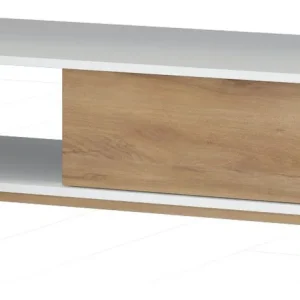 Zweifarbiger moderner Couchtisch Safotu 06, 111 x 60 x 40 cm, Weiß Hochglanz / Walnuss, mit einer Schublade und Push-to-open System, ABS-Kanten Neuheit