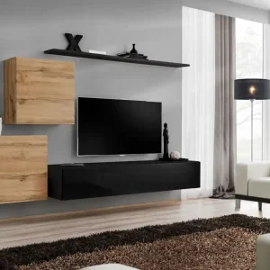 Angebot Moderne Wohnwand Balestrand 77, Farbe: Eiche Wotan / Schwarz - Abmessungen: 150 x 250 x 40 cm (H x B x T), mit genügend Stauraum