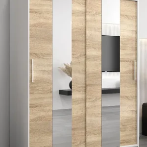 Schiebetürenschrank / Kleiderschrank Polos 03 mit Spiegel, Farbe: Weiß matt / Eiche Sonoma - Abmessungen: 200 x 150 x 62 cm (H x B x T) Markenware