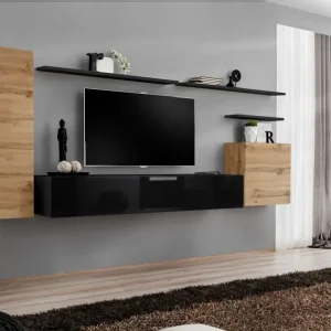 Wohnwand mit eleganten Design Balestrand 13, Farbe: Eiche Wotan / Schwarz - Abmessungen: 160 x 330 x 40 cm (H x B x T), mit genügend Stauraum Kostenloser Rückversand