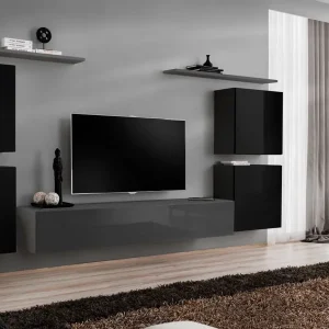 Wohnwand in außergewöhnlichen Design Balestrand 58, Farbe: Schwarz / Grau - Abmessungen: 150 x 320 x 40 cm (H x B x T), mit fünf Türen Nur Für Kurze Zeit