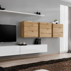 Wohnwand im schlichten Design Balestrand 108, Farbe: Weiß / Eiche Wotan - Abmessungen: 150 x 340 x 40 cm (H x B x T), mit Push-to-open Funktion Sonderangebot