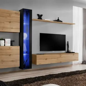 Wohnwand im stylischen Design Balestrand 254, Farbe: Schwarz / Eiche Wotan - Abmessungen: 180 x 330 x 40 cm (H x B x T), mit LED-Beleuchtung Direktkauf