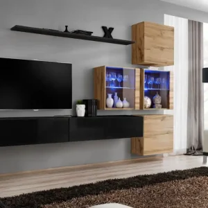 Beliebt Wohnwand mit außergewöhnlichen Design Balestrand 302, Farbe: Schwarz / Eiche Wotan - Abmessungen: 200 x 310 x 40 cm (H x B x T), mit Push-to-open Funktion