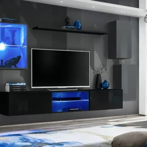 Hängende Wohnwand Volleberg 41, Farbe: Grau / Schwarz - Abmessungen: 140 x 250 x 40 cm (H x B x T), mit fünf Türen Nur Heute