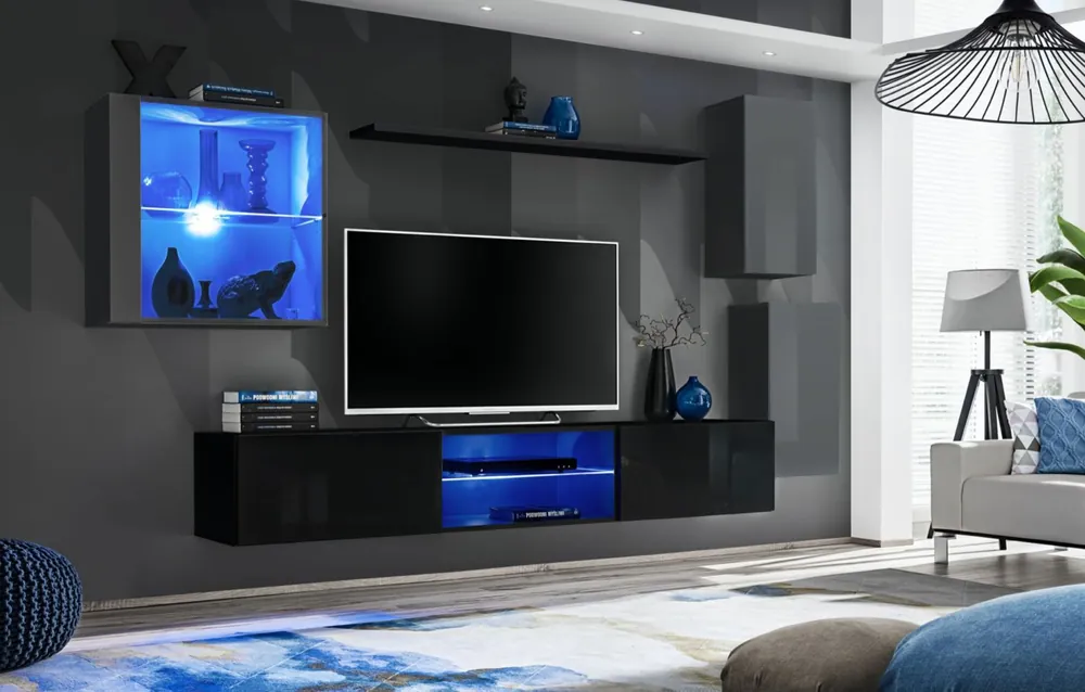 Hängende Wohnwand Volleberg 41, Farbe: Grau / Schwarz - Abmessungen: 140 x 250 x 40 cm (H x B x T), mit fünf Türen Nur Heute