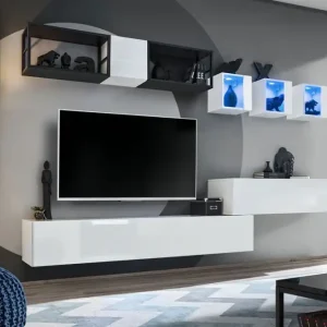 Wohnzimmer Wohnwand Valand 09, Farbe: Weiß / Schwarz - Abmessungen: 170 x 280 x 40 cm (H x B x T), mit drei Hängevitrinen Beliebt