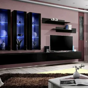 Top-Angebot Große Wohnwand Hompland 52, Farbe: Schwarz - Abmessungen: 170 x 320 x 40 cm (H x B x T), mit Push-to-open Funktion