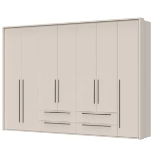 Drehtürenschrank mit Rahmen Neiafu 55, Farbe: Kaschmir, vier Schubladen, acht Einlegeböden, Maße: 226 x 322 x 60 cm, vier Kleiderstangen, für Schlafzimmer Preisreduziert